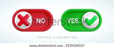 Vector cartoon 3d yes and no switch button set. Cute realistic 3d toggle switch sliders with green yes checkmark and red icon. Setting toggle design element for mobile app interface, web.