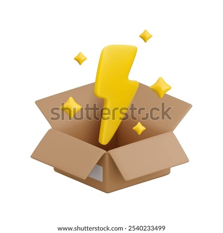 Vector cartoon 3d opened carton box with flash sign. Cute realistic 3d render open cardboard package, lightning bolt and sparkles inside. Flash sale symbol, fast parcel delivery service concept.