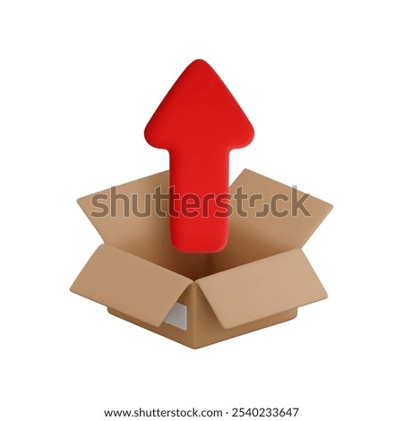 Vector cartoon 3d file upload icon. Realistic render of red up arrow symbol in open cardboard box. Uploading process concept, online data storage service sign. Unzip file from archive symbol.