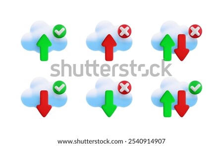 Vector cartoon 3d cloud computing icon set. Realistic render of cloud, upload download arrows, green yes checkmark and red cross sign. Data transfer concept, cloud technology services, server connect.