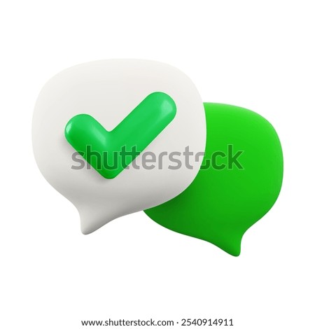 Vector cartoon minimal 3d talk icon. White and green speech bubble with yes check mark. Realistic render valid checkmark note, accept chat message button, message delivered sign, social media comment.