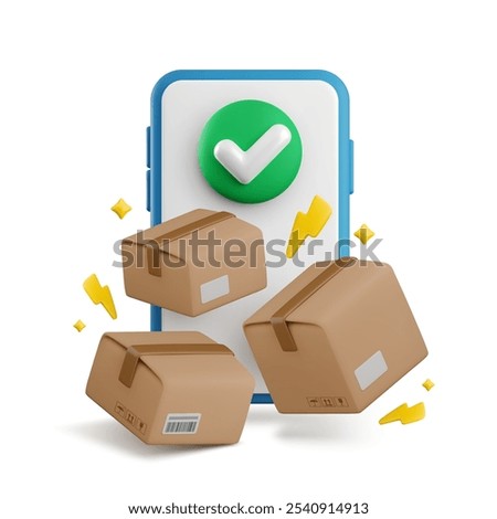 Vector cartoon 3d smartphone with green yes check mark button and flying cardboard boxes. Cute minimal realistic 3d render approved parcel delivery, fast logistics, successful order received concept.