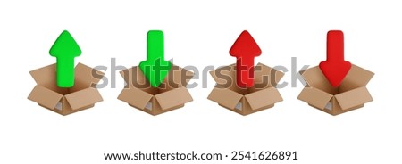 Vector cartoon 3d file upload and download icon set. Realistic render of red and green up down arrow in open cardboard box. Uploading process, online data storage service sign. Unzip file archive.