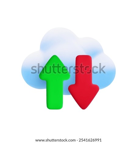 Vector cartoon 3d cloud computing icon. Realistic render of cloud, green and red upload download arrows. Data storage concept, cloud technology online service sign, server connection, data transfer.