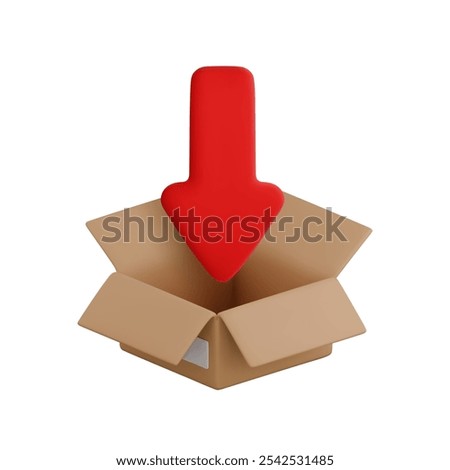 Vector cartoon 3d download icon. Realistic render of red down arrow symbol in open cardboard box. Downloading process concept, online data storage service sign. Packing file into archive symbol.