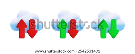 Vector cartoon 3d cloud computing icon set. Realistic render of cloud, green and red upload download arrows. Data storage concept, cloud technology online service, server connection, data transfer.