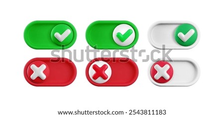 Vector cartoon 3d turn on and off switch button set. Realistic 3d toggle switch sliders with red cross icon, green yes checkmark. Setting toggle mobile app interface material design element collection