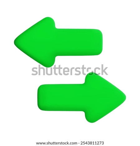 Vector cartoon 3d horizontal oncoming arrows. Cute realistic render of green right and left arrow different opposite direction. Input output process symbol, business or road sign.