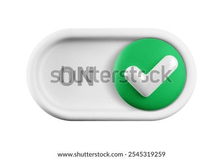 Vector cartoon 3d turn on switch button. Cute realistic 3d white toggle switch slider with green yes checkmark icon and text ON. Setting toggle design element for mobile app interface, web.