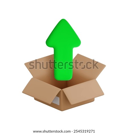 Vector cartoon 3d file upload icon. Realistic render of green up arrow symbol in open cardboard box. Uploading process concept, online data storage service sign. Unzip file from archive symbol.