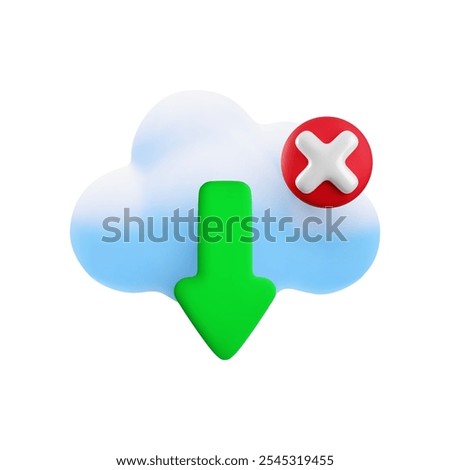 Vector cartoon 3d cloud computing error icon. Realistic render of cloud, download arrow, red cross x sign. Digital cloud technology online service failed download sign, server disconnection concept