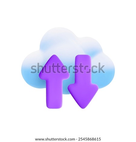 Vector cartoon 3d cloud computing icon. Realistic render of cloud, violet upload and download arrows. Data storage concept, cloud technology online service, data transfer symbol, server connection.