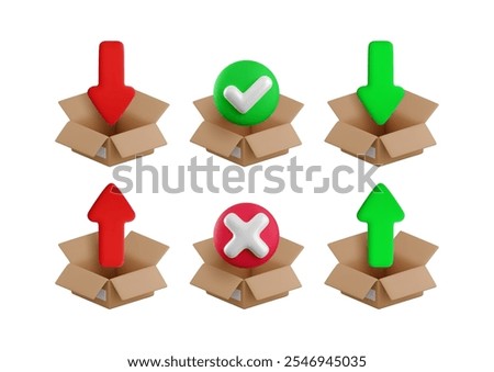 Vector cartoon 3d file upload download icon set. Realistic render of red and green up down arrows, yes checkmark and red x cross in open cardboard box. Online data storage service, file archive sign.