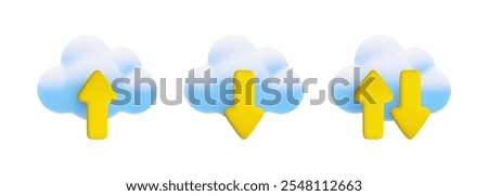 Vector cartoon 3d cloud computing icon set. Realistic render of cloud and yellow download, upload and data transfer arrows. Digital cloud storage technology online service, server connection symbols