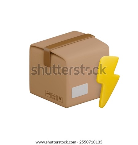 Vector cartoon 3d closed carton box with flash icon. Cute realistic 3d render cardboard package and lightning bolt. Flash sale, fast parcel delivery service concept, quick logistic, mail shipping.