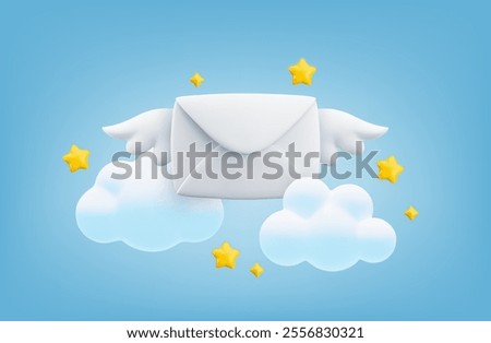 Vector cartoon 3d fast mail concept. Realistic 3d render flying envelope with wings, clouds and stars. New message notification, express email delivery sign. Cute letter for web, email services app.