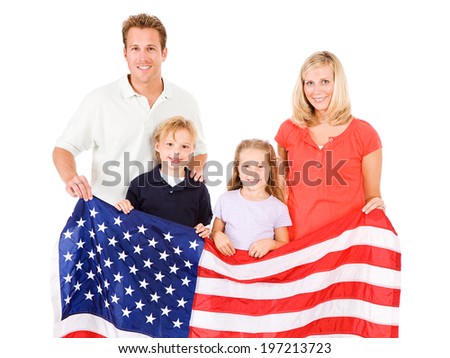 Family: Smiling Nuclear Family Behind American Flag