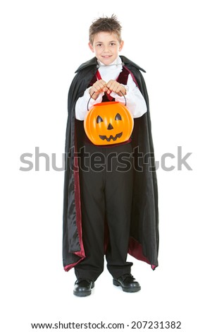Halloween: Boy Vampire With Pumpkin Bucket Trick Or Treating