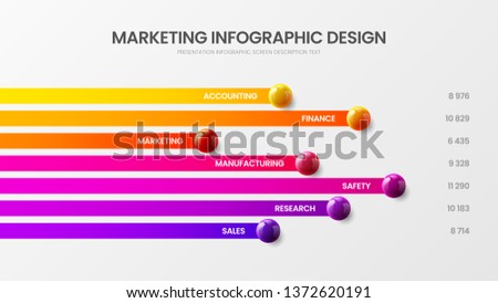 Business 7 option infographic presentation vector 3D colorful balls illustration. Corporate marketing analytics report horizontal bar chart design layout. Statistics graphic visualization template.