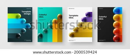 Geometric realistic spheres corporate identity template set. Clean handbill A4 vector design illustration composition.