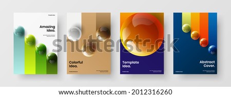 Creative corporate brochure A4 vector design template composition. Isolated 3D spheres catalog cover layout set.