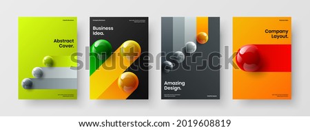 Minimalistic handbill A4 design vector concept set. Geometric 3D balls company cover illustration collection.