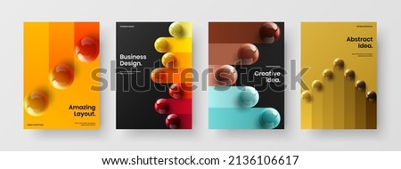 Unique 3D balls leaflet layout composition. Amazing company cover vector design concept bundle.