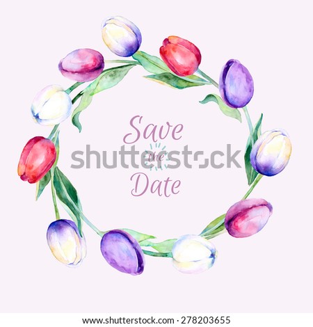 Vector frame of watercolor tulips flowers. Spring-summer botanical elements. Tulips flowers watercolors. Save the Date.