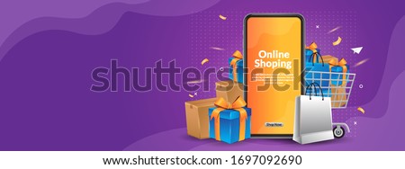 Online Shoping with mobile App Illustration For Web and Aplication Banner 