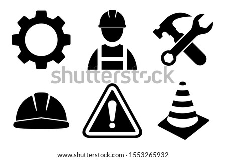 Construction icon set on white background. Construction man, helmet, gear, tools, exclamation mark icon in flat style design. Vector illustration.