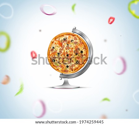 World Pizza Day Concept. Globe shapes with Pizza. Happy Pizza Day, world food day, February 8'meal, lunch. isolated on gorgeous gray background.