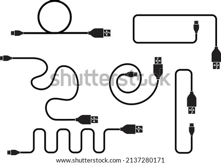 Micro USB Cable, USB Cable Vector Art Illustration. Different style USB Cable.
