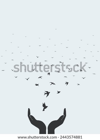 Bird set free. World bird day. Bird flying for freedom from an open hand, freedom concept, the silhouette of a bird released from hand. vector illustrations