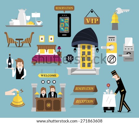 Flat vector design elements of hotel service set-room service and reception for web and mobile application.