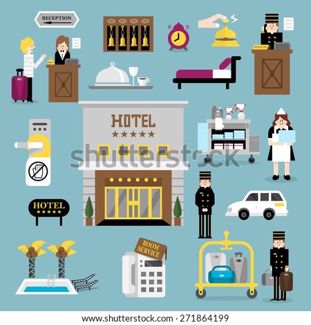 Flat vector design elements of hotel service set-reception, reservation, morning call, 
cleaning,concierge and shuttle bus for web and mobile application. 