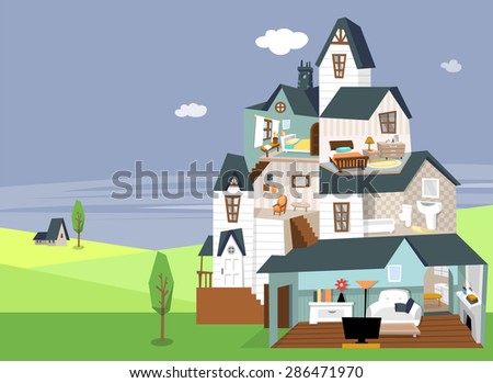 Modern flat vector illustration of a three story house with blue roof. Interior of two bedroom, bathroom and living room with furniture. Beautiful landscape of nature beyond the house in the daytime.