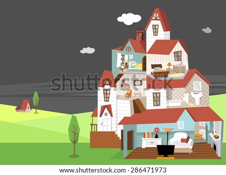 Modern flat vector illustration of a three story house with brown roof. Interior of two bedroom, bathroom and living room with furniture. Beautiful landscape of nature beyond the house at night.