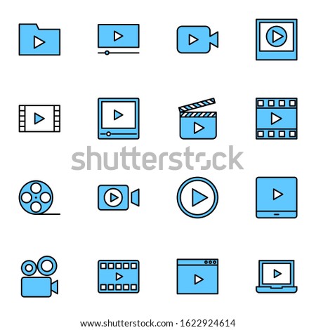 video player and media player icon set. simple video recorder blue colored outline icon sign concept. vector illustration. 
