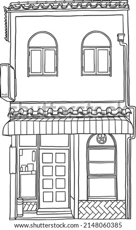 Cafe shop Store front Classic style building Hand drawn Line art Illustration