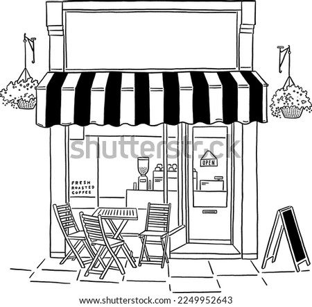 Cafe Front shop with table and seat Restaurant Business in city Hand drawn line art illustration