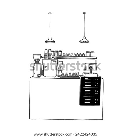 Coffee Bar equipment shop counter Small business cafe sketch Hand drawn line art Illustration