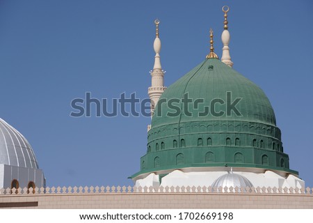 The green dome on the top of tomb prophet Muhammad at madina mosque the second holly mosque in islam 