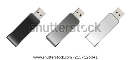 USB flash drive in vector on white background. Mockup. Set.