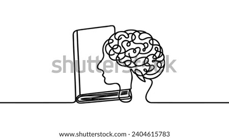 Gain knowledge from books - continuous line drawing of Open book lying down with big human brain flying above. Reading, intelligence and wisdom concept, vector illustration