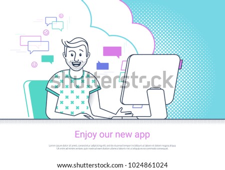 Glad man is working with computer. Flat fun line vector illustration of happy smiling student studying or working at home desk. Young guy enjoying website or pc app, he is glad to reading email news