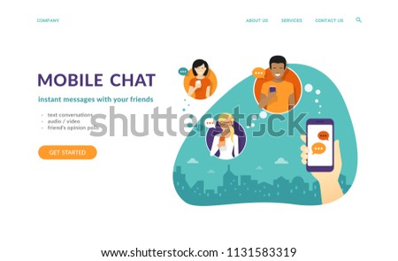 Human hand hold a smartphone and sending messages to friends. Flat concept vector website template and landing page design of mobile chat and text conversations