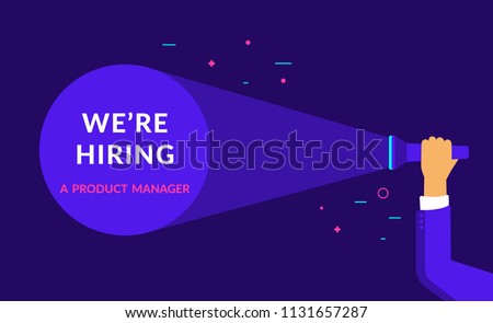 We are hiring a product manager flat vector neon illustration for ui ux web and mobile design with text copy space. Employment recruitment business concept for hr announcement and business hire