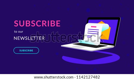 Subscribe to our newsletter flat vector neon illustration for ui ux web design with text and button. Isometric laptop with newsletter in open envelope on violet background and shadow under notebook