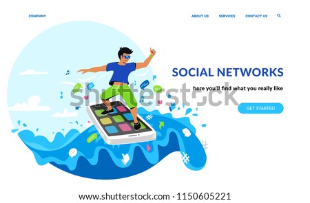 Social networking and young generation. Flat emotional vector illustration for website and landing page design of smiling man surfing the internet on his smartphone in the sea of social media symbols