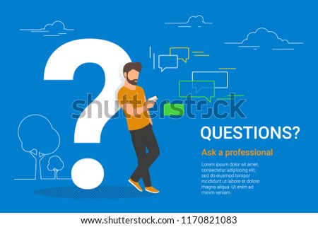 Young man standing near big question symbol and texting to live chat using smartphone, asking for help via internet. Flat line vector illustration of online support on white background with dots